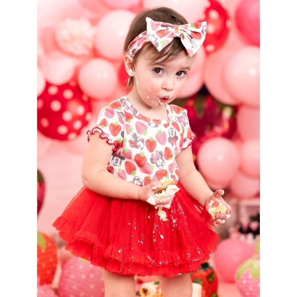 NWT Disney Baby Minnie Mouse Red & Pink Strawberry Romper w/ Headband 6/9 Months